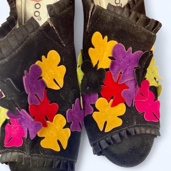 Black Suede Wedges with Colorful Butterfly Accents Bamboo 6 1/2 - Picture 2 of 8